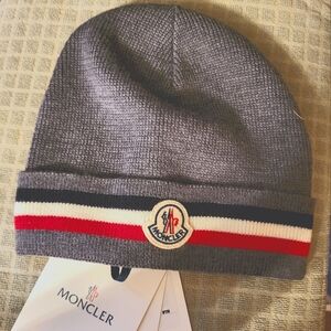 Moncler Charcoal Knit Hat with Red and Black Accents